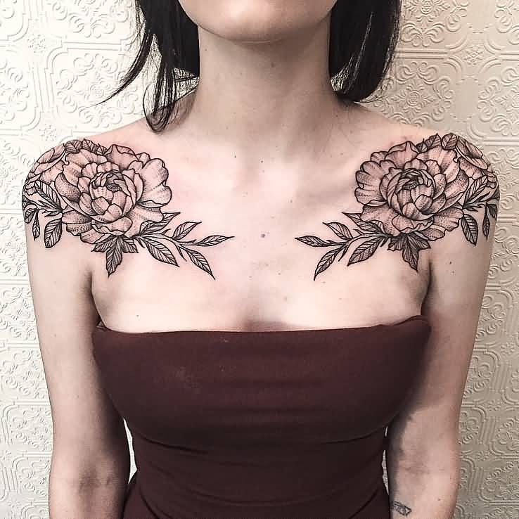 Classic Black Ink Peony Flowers Tattoo On Girl Both Shoulder