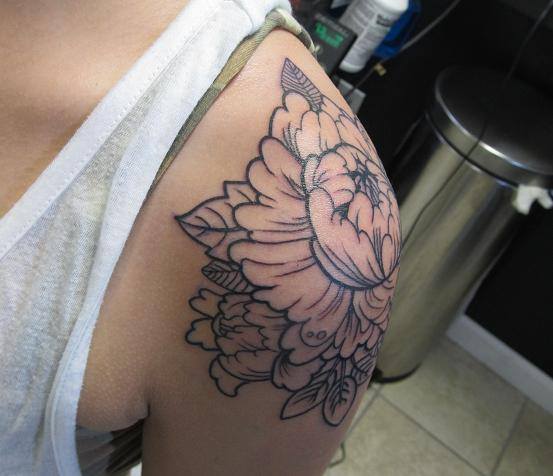 Classic Black Outline Peony Flower Tattoo On Left Shoulder