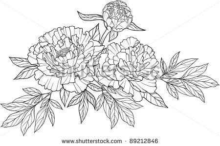 Classic Black Outline Peony Flowers Tattoo Stencil