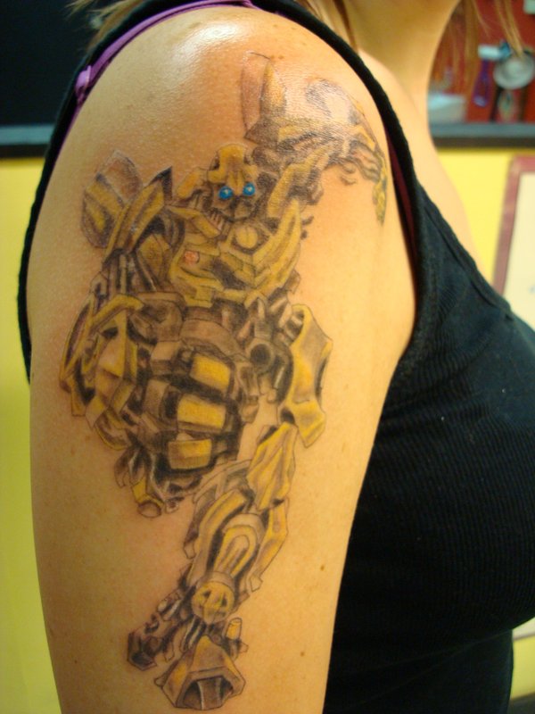 Classic Bumblebee Transformer Tattoo On Girl Right Shoulder By Nicholas Sidoti