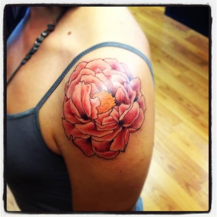 Classic Peony Flower Tattoo On Girl Left Shoulder By Delan