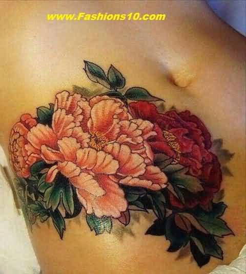 Classic Peony Flowers Tattoo On Girl Stomach