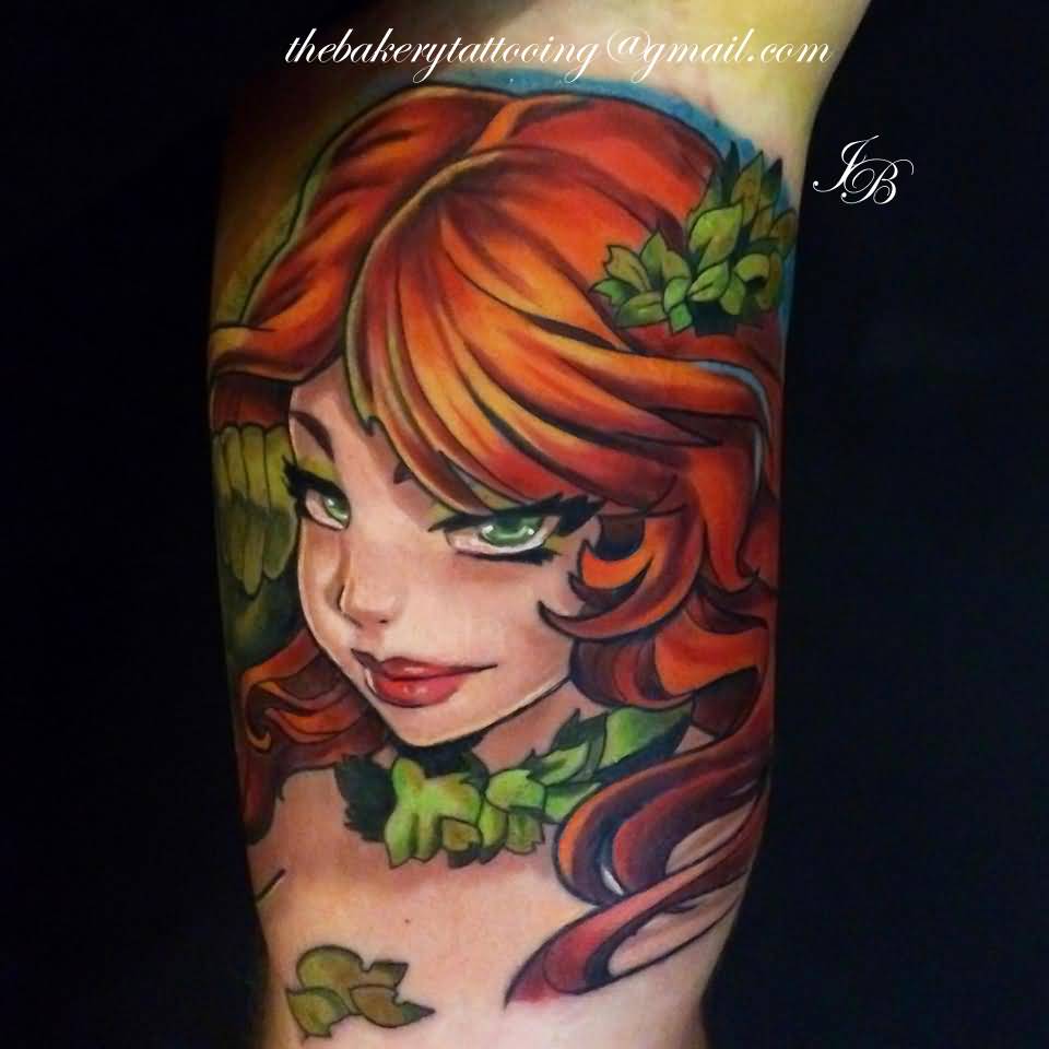 Classic Poison Ivy Head Tattoo Design For Sleeve