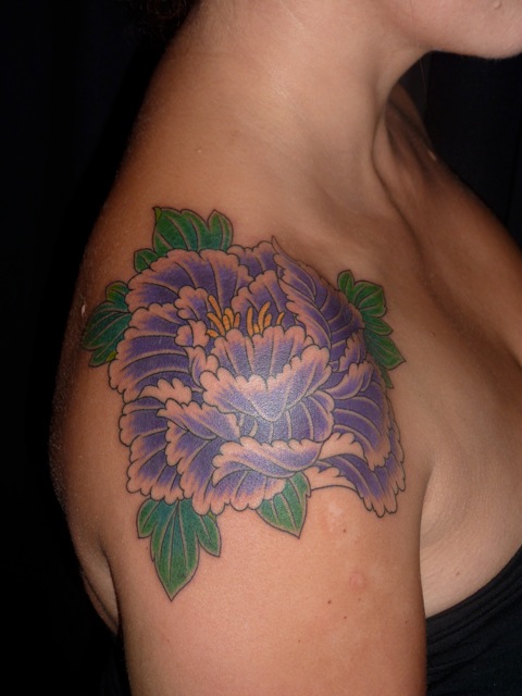 Classic Purple Ink Peony Flower Tattoo On Right Shoulder