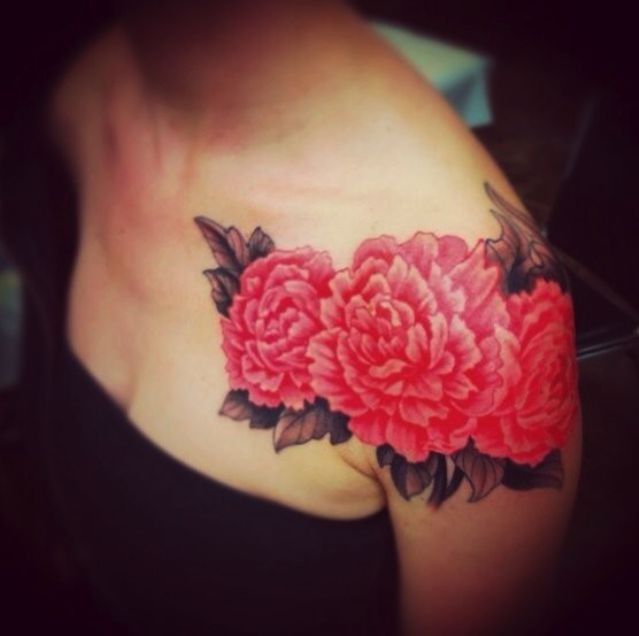 Classic Realistic Peony Flowers Tattoo On Girl Left Shoulder