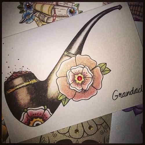 Classic Traditional Pipe With Flower Tattoo Design