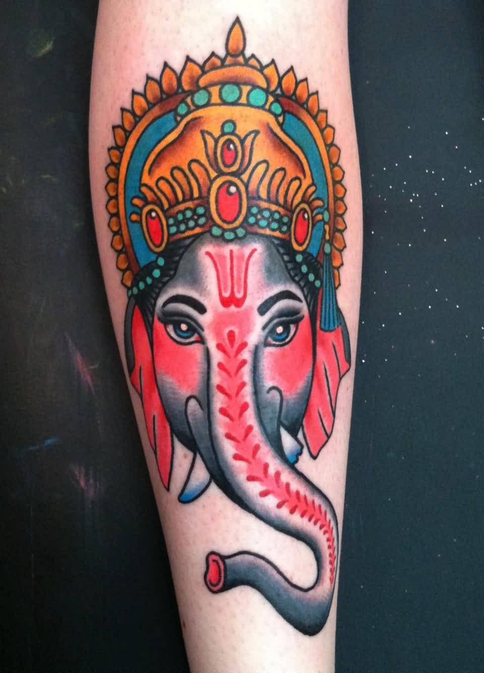 Color Ganesha Head Tattoo On Arm Sleeve