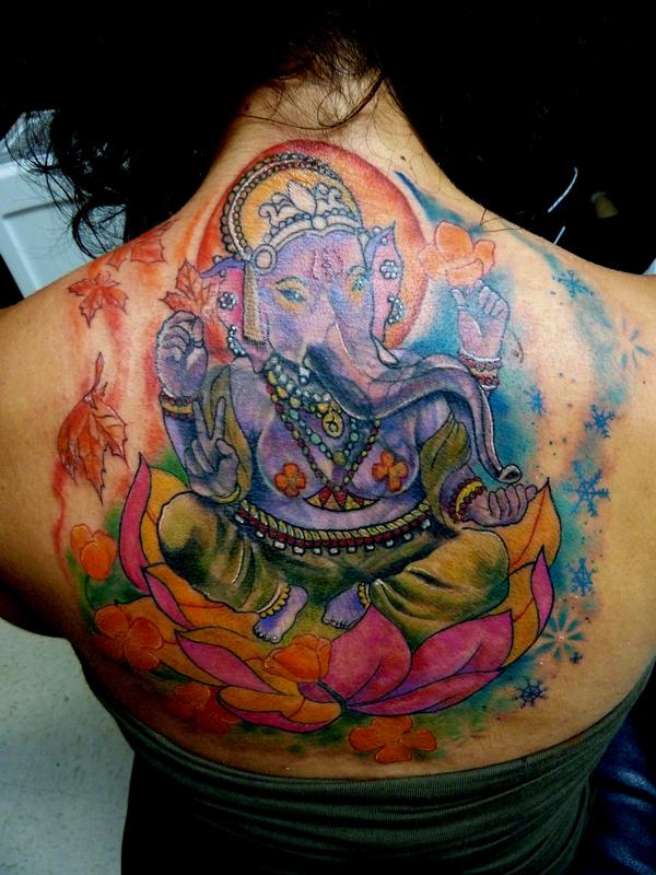 Color Ganesha On Lotus Tattoo On Full Back