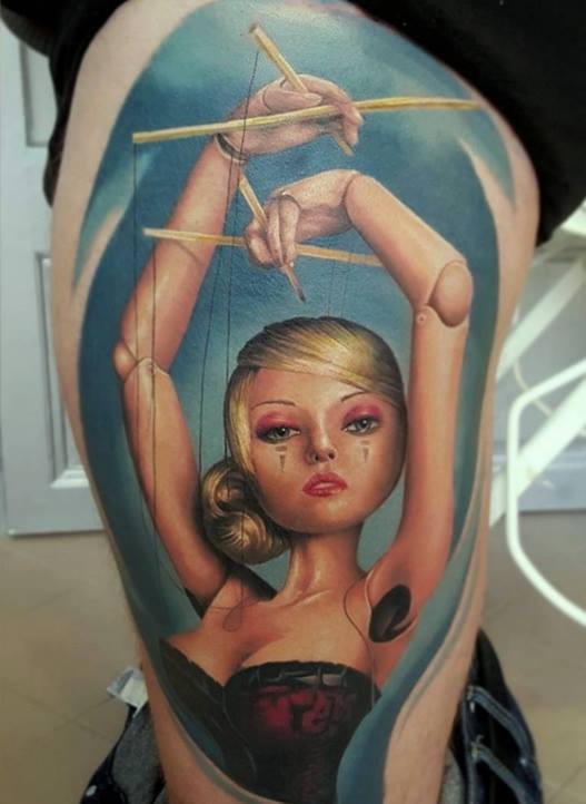 Color Ink Barbie Doll Tattoo On Thigh by Casper Tattoos
