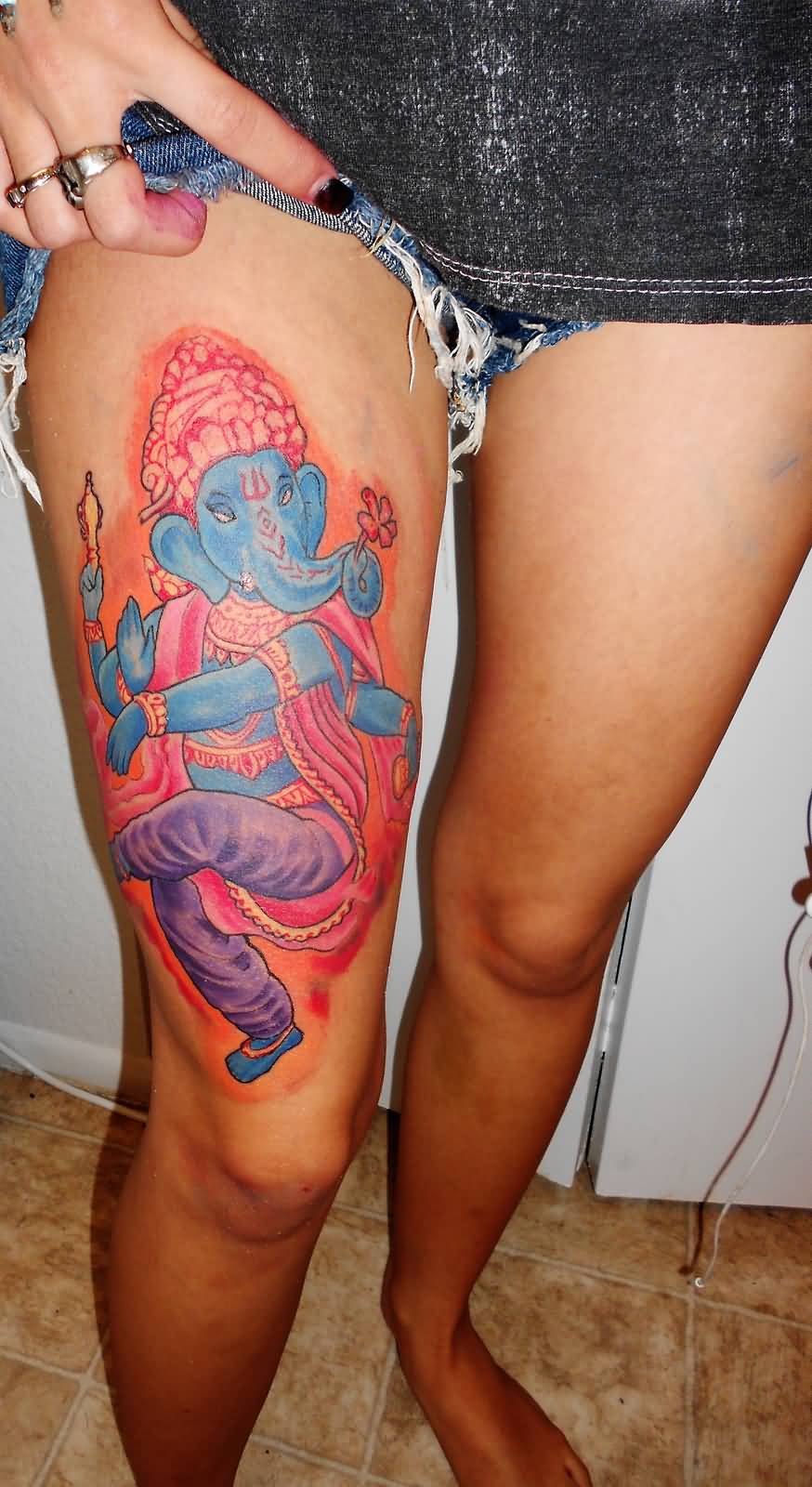 Color Ink Simple Ganesha Tattoo On Right Thigh