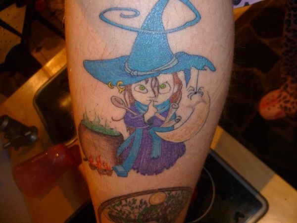 Color Ink Witch Cartoon Tattoo On Leg