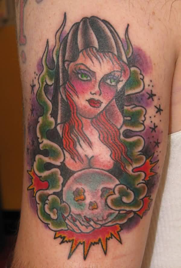 Color Ink Witch Tattoo On Bicep