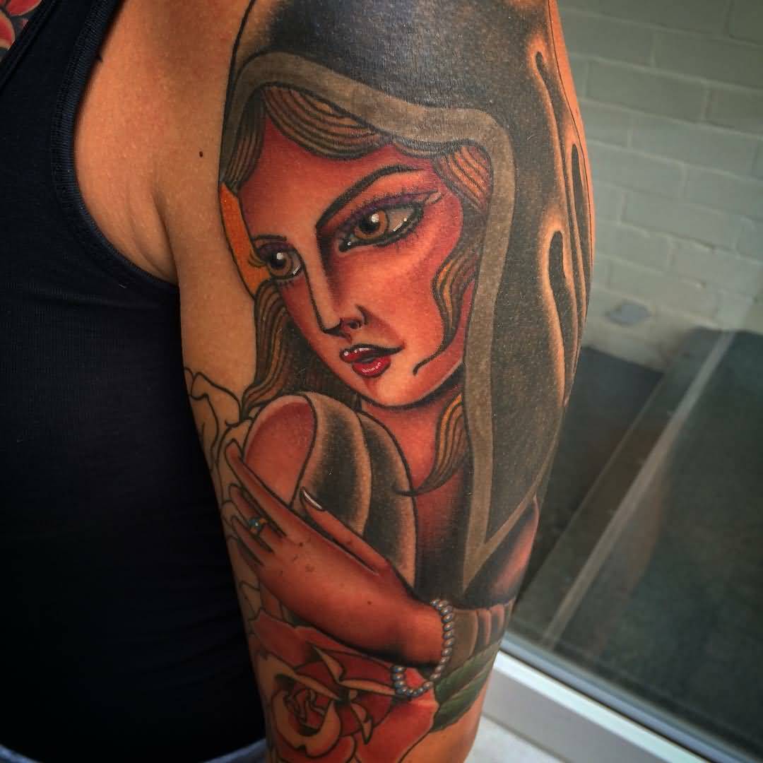 Color Ink Witch Woman Tattoo On Left Half Sleeve