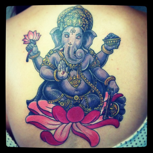 Color Lotus Ganesha Tattoo On Upper Back
