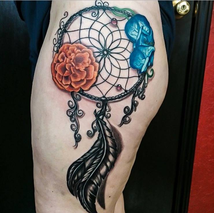 Colored Dreamcatcher Tattoo On Left Side Leg By Mike Evans.