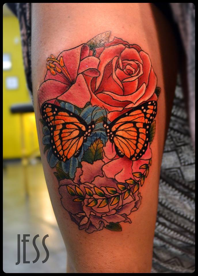 Colored Flowers And Butterflies Tattoo by Jess Dunfield