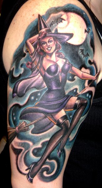 Colored Flying Pinup Witch Tattoo On Right Half Sleeve