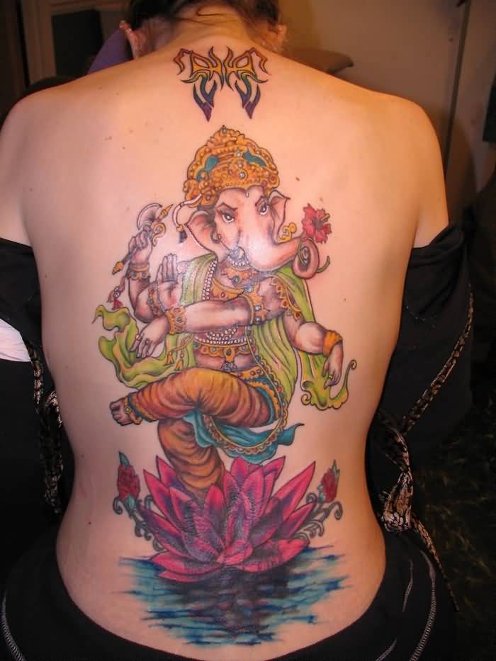 Colored Ganesha Tattoo On Girl Full Back