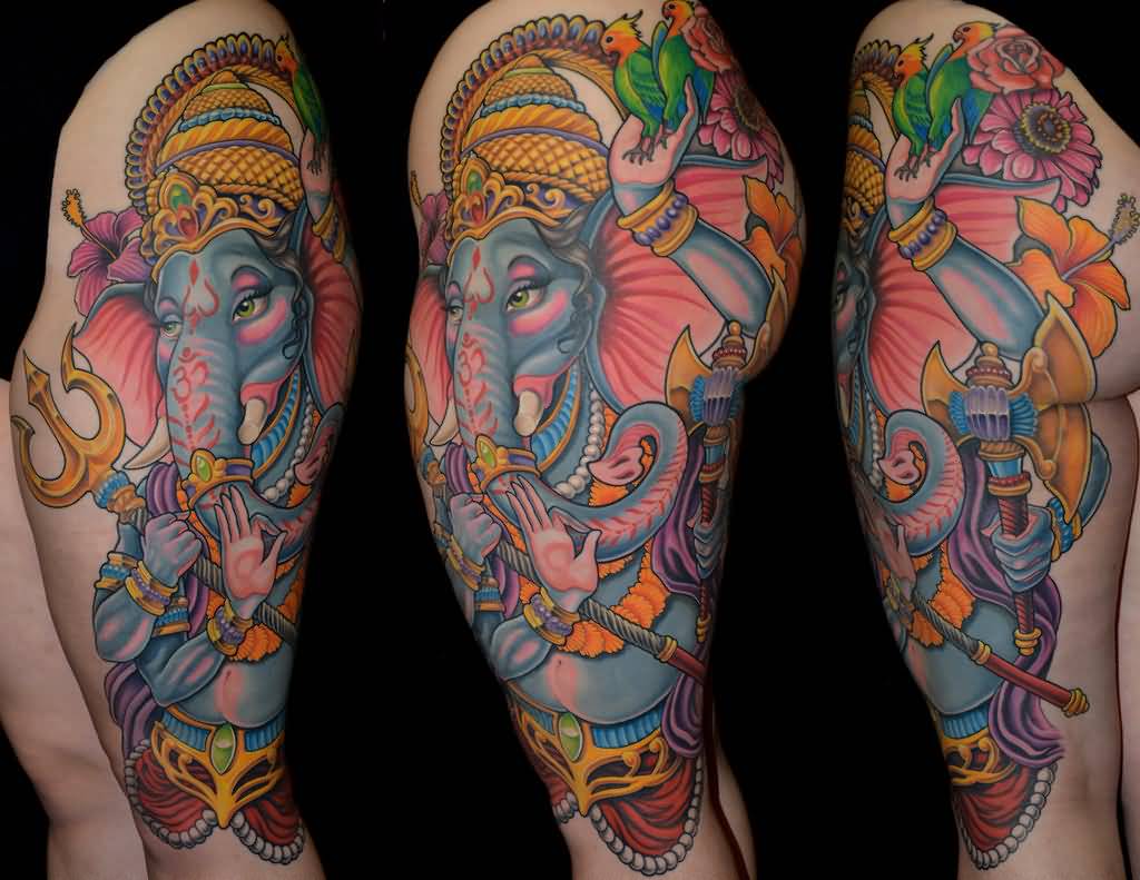 Colored Ganesha Tattoo On Side Thigh by Champion Grubbs