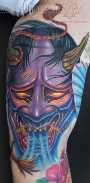 Colored Hannya Mask Tattoo On Sleeve