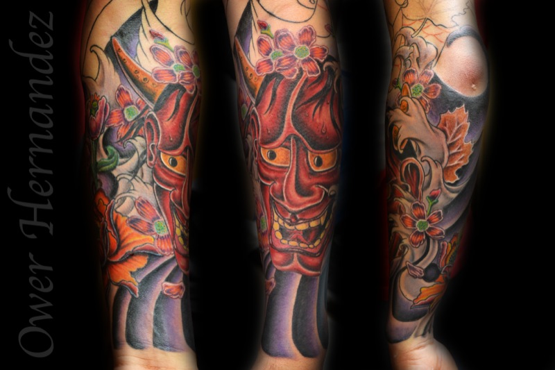 Colored Hannya Tattoo On Full Sleeve