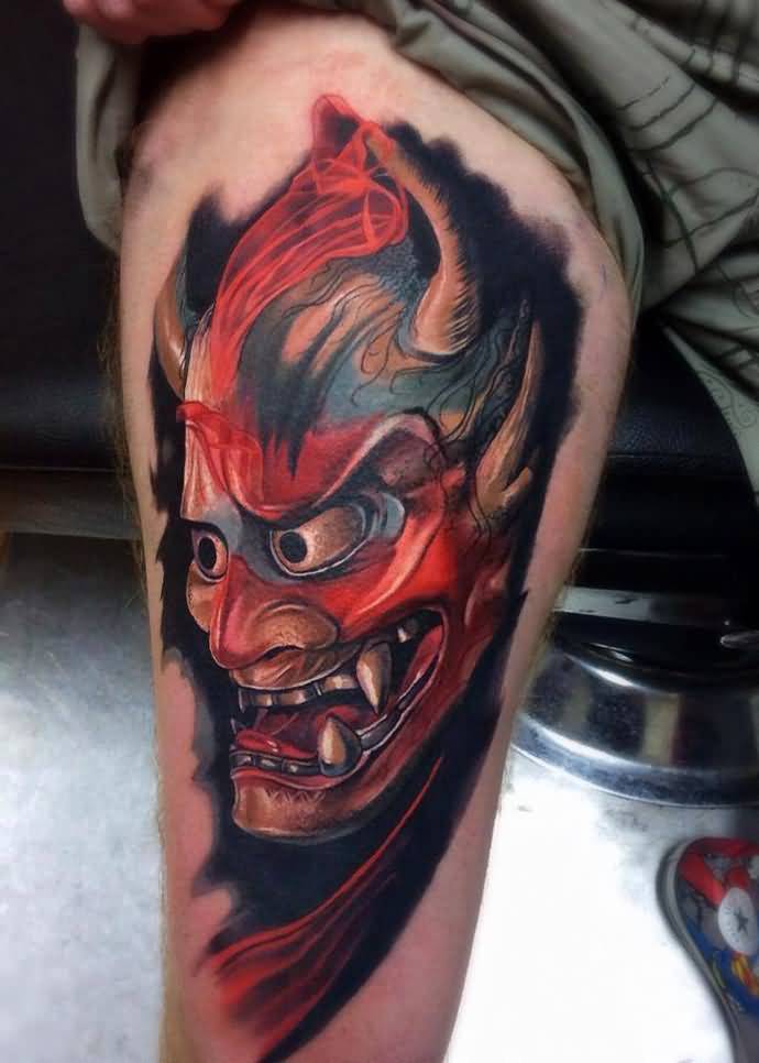 Colored Hannya Tattoo On Right Thigh