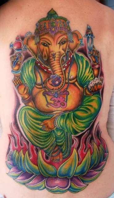 Colored Lotus Flower And Ganesha Tattoo