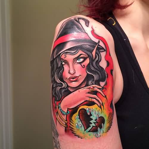 Colored Witch Girl Tattoo On Right Half Sleeve