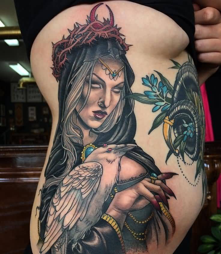 Colored Witch Tattoo On Girl Side Rib