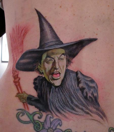 Colored Witch Tattoo On Lower Back