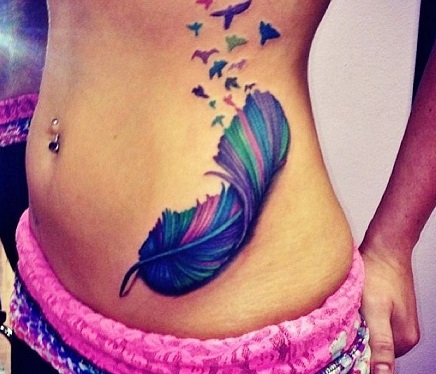 Colorful Feather With Flying Birds Tattoo On Left Hip