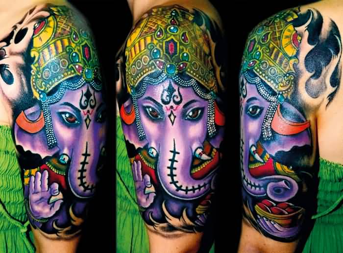 Colorful Ganesha Tattoo On Half Sleeve For Girls