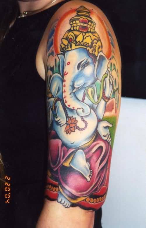 Colorful Ganesha Tattoo On Left Half Sleeve