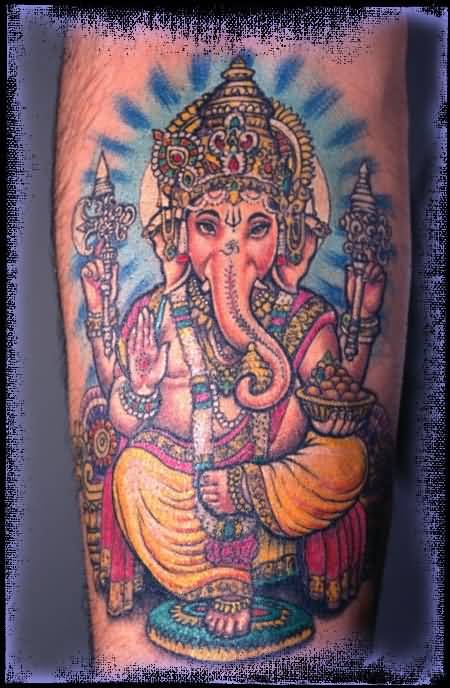 Colorful Ganesha Tattoo On Leg