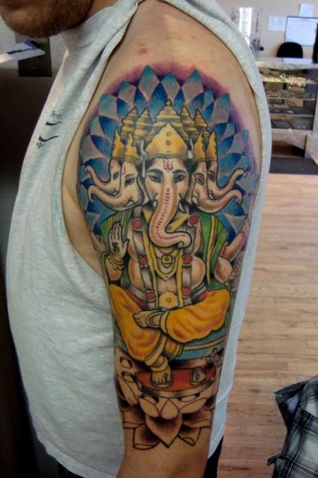 Colorful Many Heads Ganesha Tattoo On Left Half Sleeve For Men
