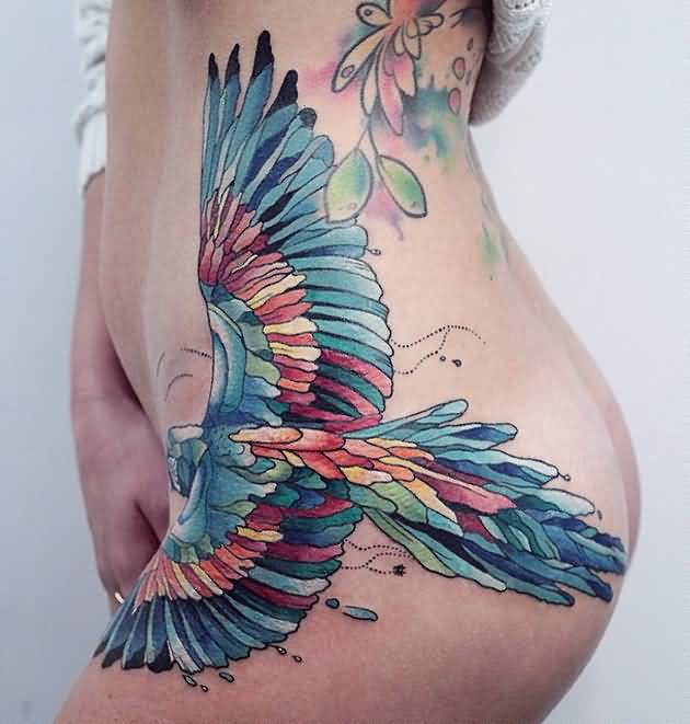 Colorful Parrot Tattoo On Girl Left Hip