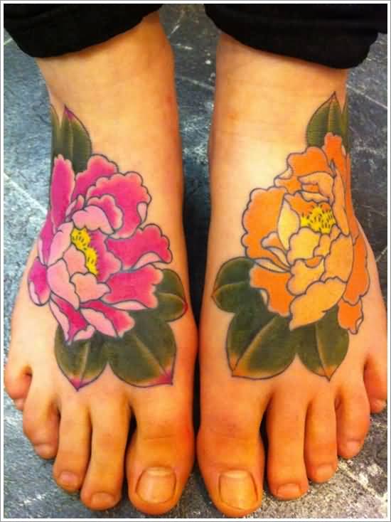 Colorful Peony Flowers Tattoo On Feet