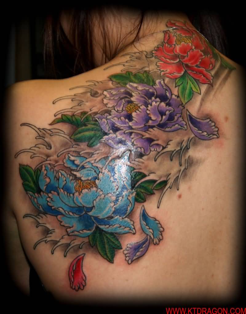 Colorful Peony Flowers Tattoo On Girl Upper Back