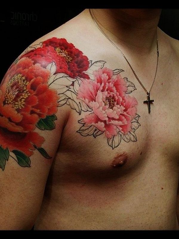 Colorful Peony Flowers Tattoo On Man Right Shoulder