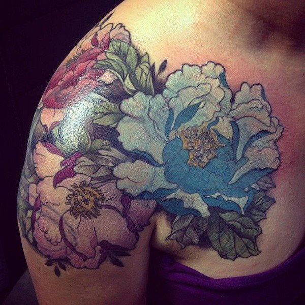 Colorful Peony Flowers Tattoo On Right Shoulder