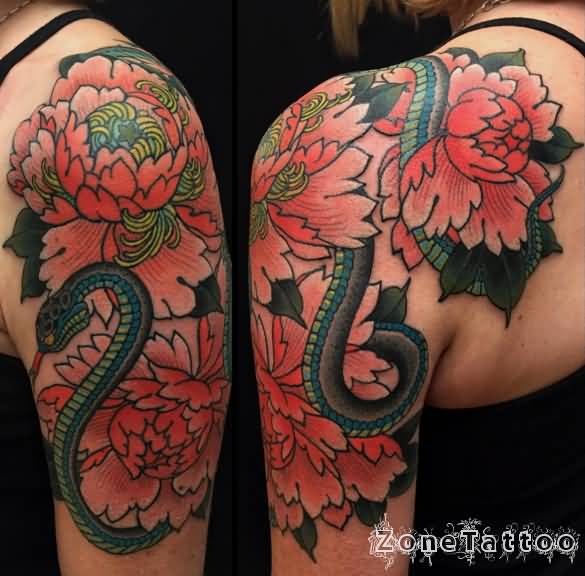 Colorful Peony Flowers With Snake Tattoo On Girl Left Shoulder By Jason Vaughn