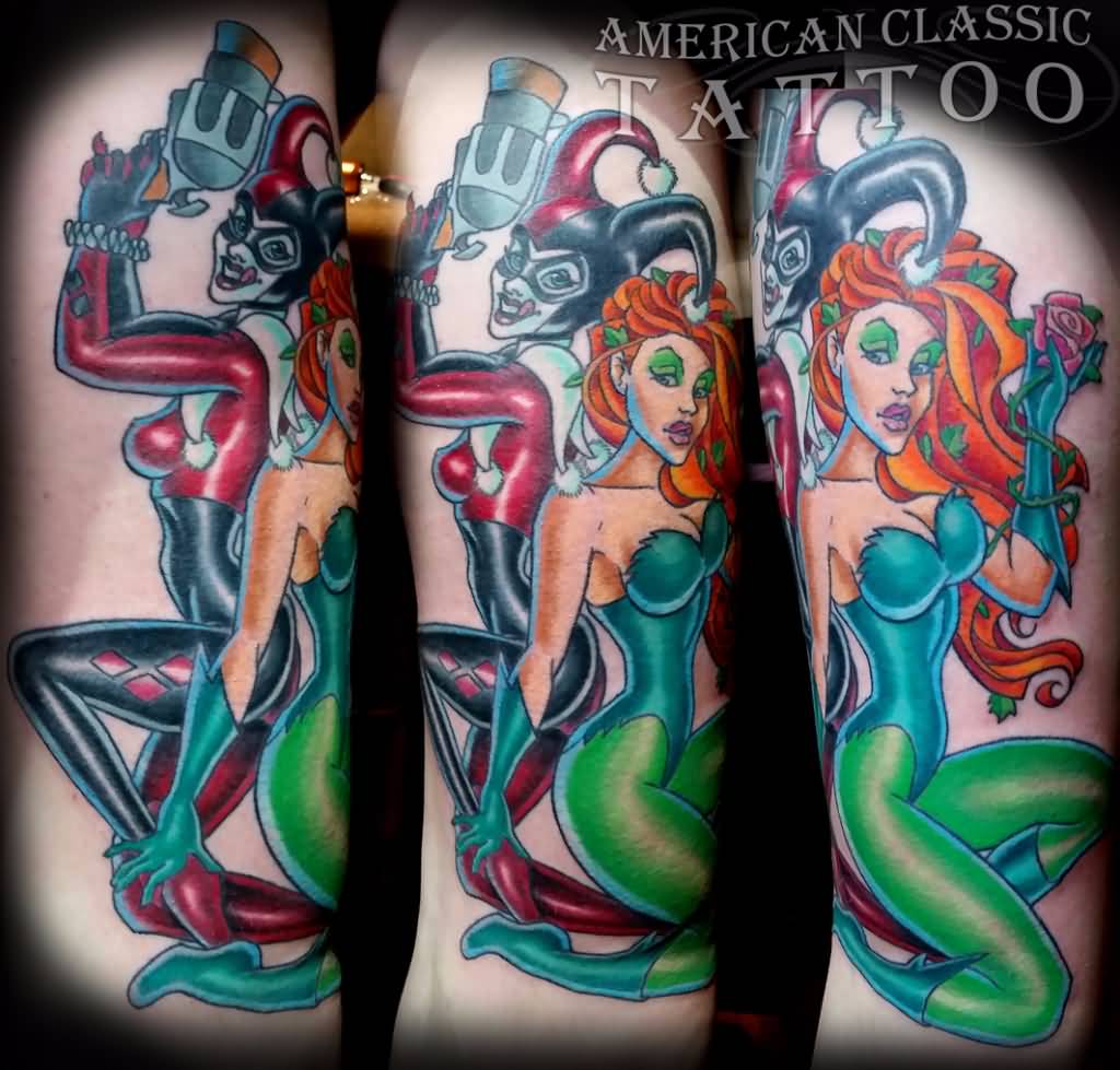 Colorful Poison Ivy With Harley Quinn Tattoo Design For Sleeve