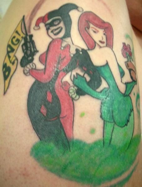 Colorful Poison Ivy With Harley Quinn Tattoo Design