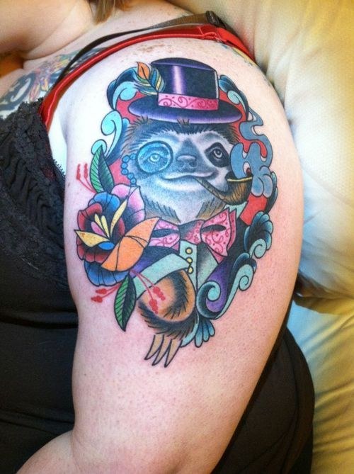 Colorful Sloth Smoking Pipe In Frame Tattoo On Left Shoulder