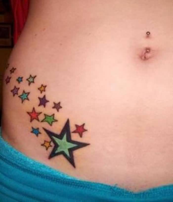 Colorful Stars Tattoo On Right Hip