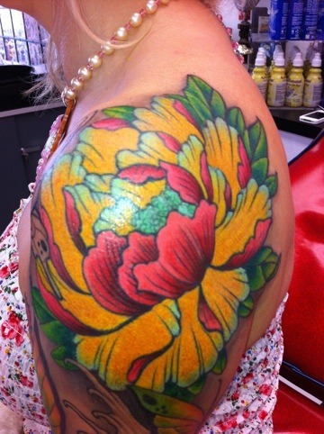 Colorful Traditional Peony Flower Tattoo On Left Shoulder