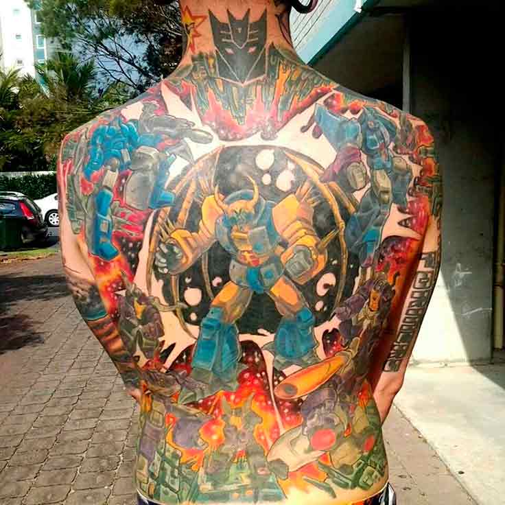 Colorful Transformer Tattoo On Full Back