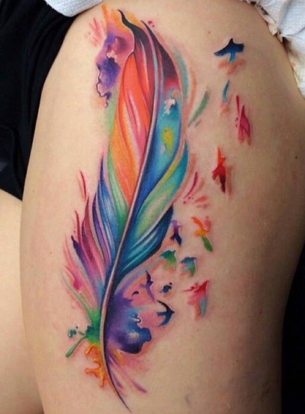Colorful Watercolor Feather Tattoos On Side Thigh