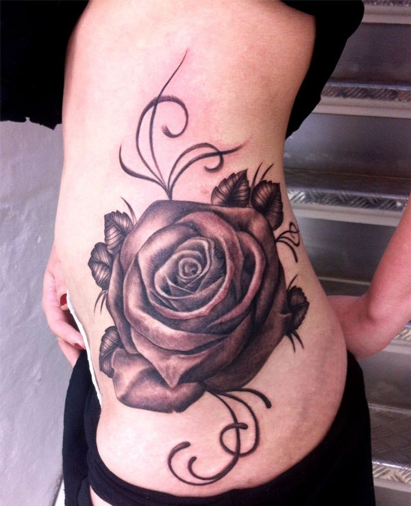 Cool Black Ink Rose Tattoo On Girl Left Hip