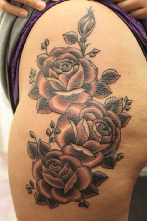 Cool Black Ink Roses Tattoo On Girl Left Hip